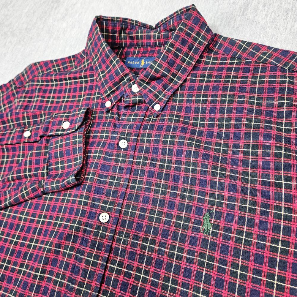 Ralph Lauren Shirt Mens XL Red Navy Plaid Button Down Long Sleeve Pony
